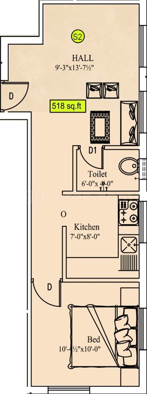 Sekaran Studio 6 Apartment (1BHK+1T (518 sq ft) 518 sq ft)