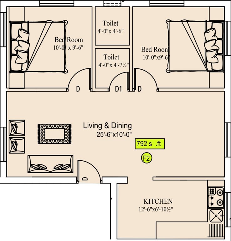 Sekaran Studio 6 Apartment (2BHK+2T (792 sq ft) 792 sq ft)