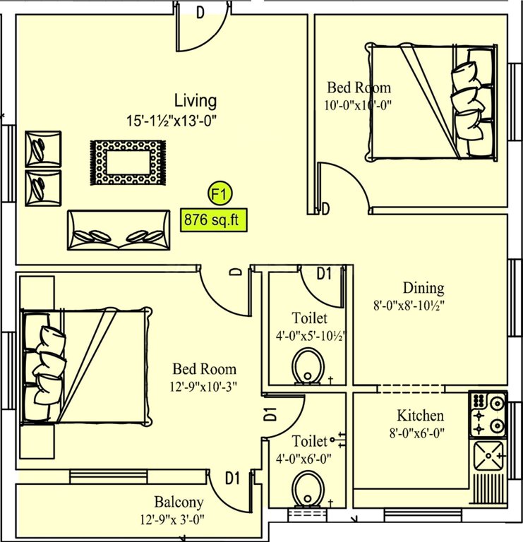 Sekaran Studio 6 Apartment (2BHK+2T (876 sq ft) 876 sq ft)