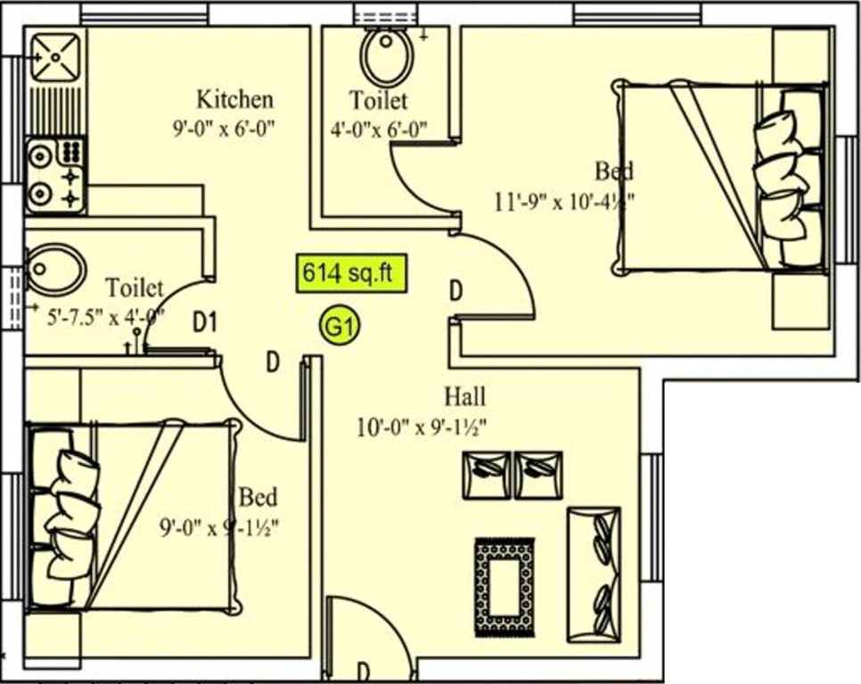 Sekaran Studio 6 Apartment (2BHK+2T (614 sq ft) 614 sq ft)