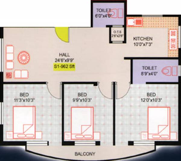  Sri Lax Apartments (3BHK+2T (962 sq ft) 962 sq ft)