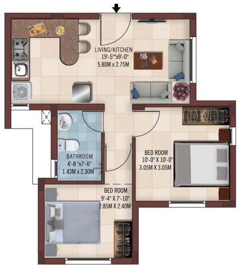 Casagrand Ferns (2BHK+1T (597 sq ft) 597 sq ft)
