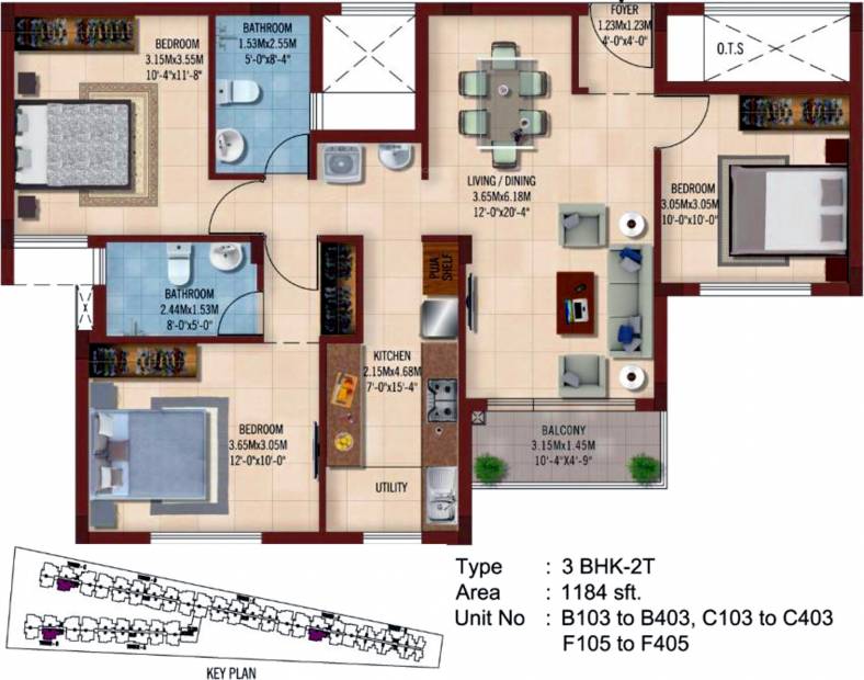 Casagrand Ferns (3BHK+2T (1,184 sq ft) 1184 sq ft)