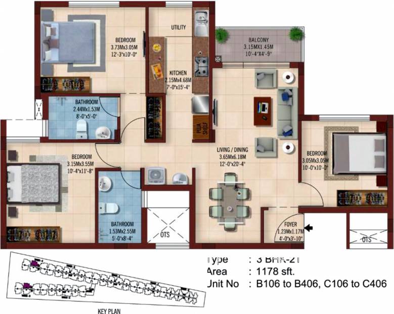 Casagrand Ferns (3BHK+2T (1,178 sq ft) 1178 sq ft)