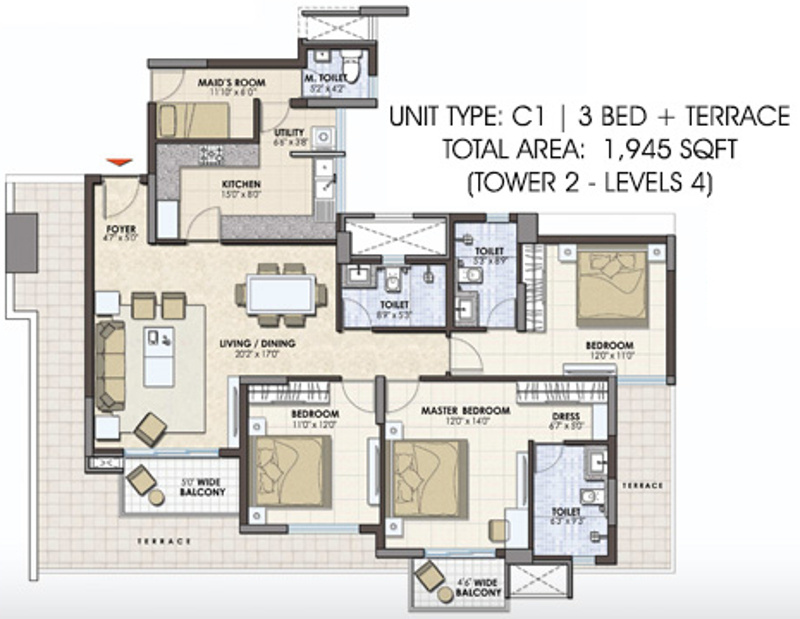 Prestige Pinewood (3BHK+3T (1,945 sq ft) 1945 sq ft)