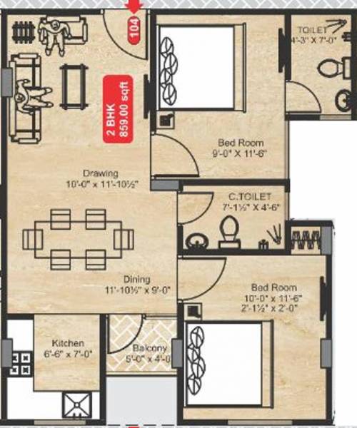 Unique Rakshak (2BHK+2T (859 sq ft) 859 sq ft)