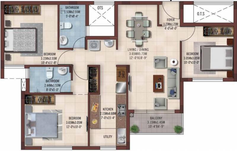 Casagrand Ferns (3BHK+2T (1,218 sq ft) 1218 sq ft)