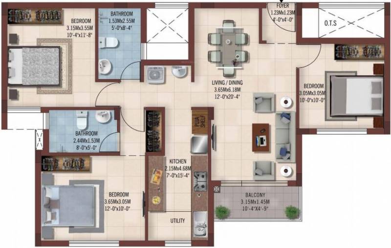 Casagrand Ferns (3BHK+2T (1,241 sq ft) 1241 sq ft)
