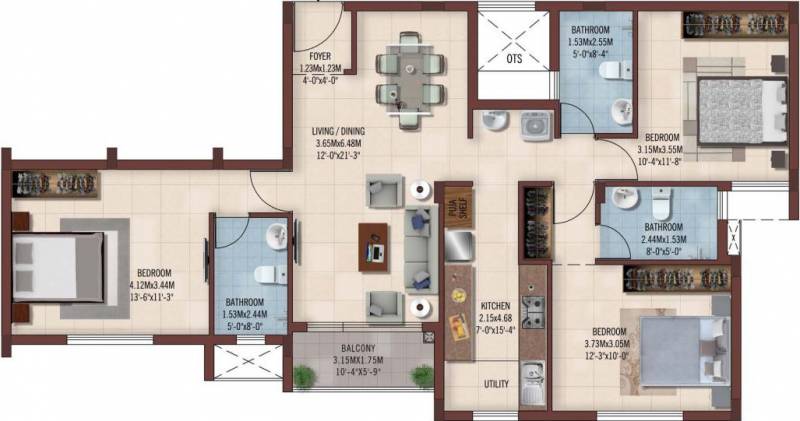 Casagrand Ferns (3BHK+3T (1,412 sq ft) 1412 sq ft)