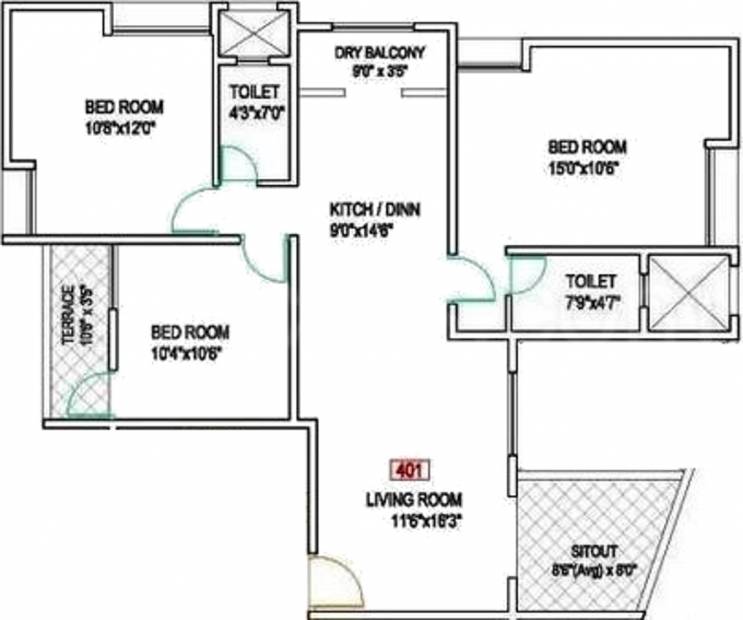 1329 sq ft 3 BHK Floor Plan Image - Gokhale Constructions Shriram Krupa ...