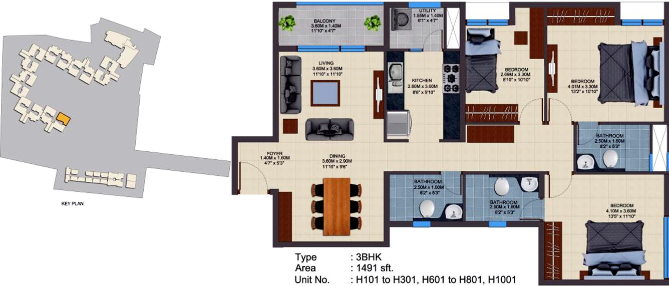 Casagrand ECR 14 (3BHK+2T (1,491 sq ft) 1491 sq ft)