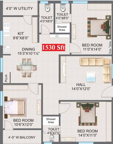 Nava White Mist (3BHK+3T (1,530 sq ft) + Pooja Room 1530 sq ft)