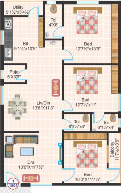 Akruthi Srinivasam (3BHK+3T (1,505 sq ft) + Pooja Room 1505 sq ft)