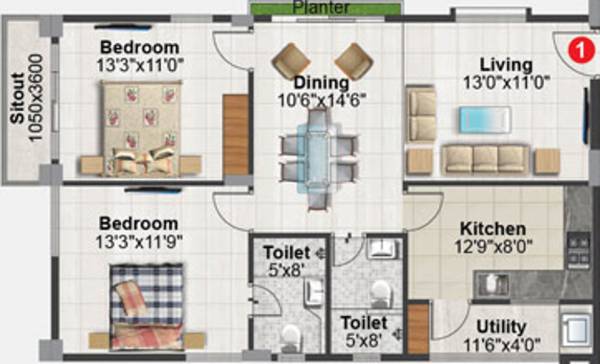 AV Chandana Heights (2BHK+2T (1,175 sq ft) 1175 sq ft)