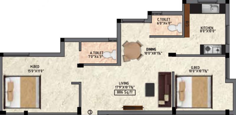 MS Gulmohar Apartments (2BHK+2T (886 sq ft) 886 sq ft)