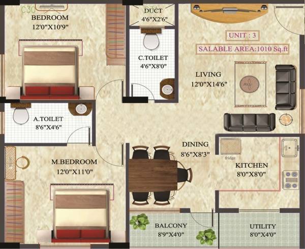 Unitech Greens (2BHK+2T (1,010 sq ft) 1010 sq ft)