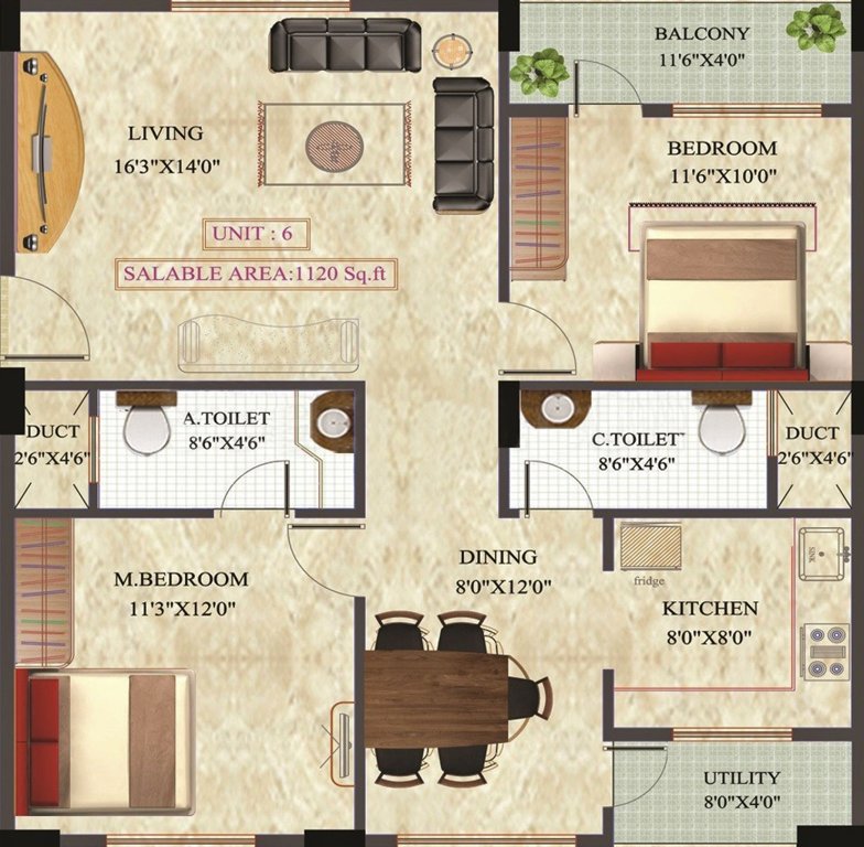 Unitech Greens (2BHK+2T (1,120 sq ft) 1120 sq ft)