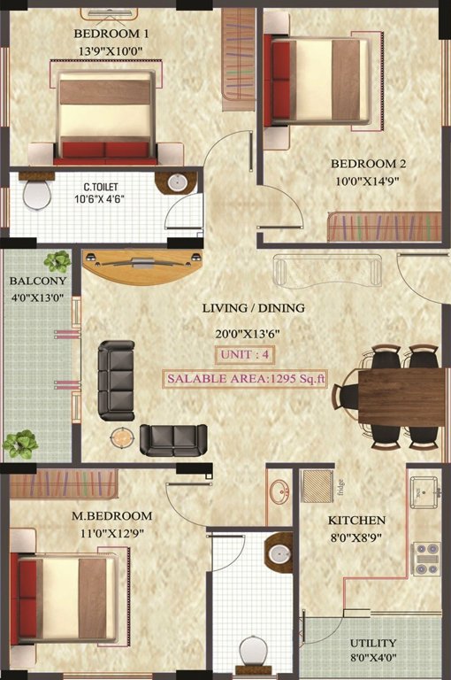 Unitech Greens (3BHK+2T (1,295 sq ft) 1295 sq ft)