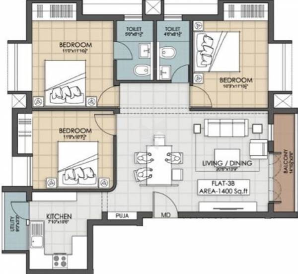 Indus Aristide (3BHK+2T (1,400 sq ft) + Pooja Room 1400 sq ft)