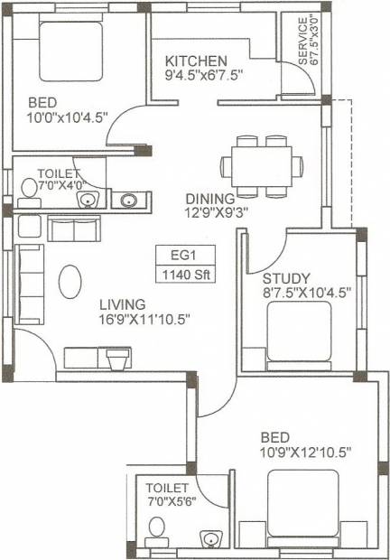 Vinoth Veronica (2BHK+2T (1,140 sq ft)   Study Room 1140 sq ft)