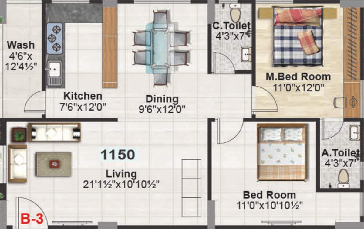 SS TBG Pearl (2BHK+2T (1,150 sq ft) 1150 sq ft)