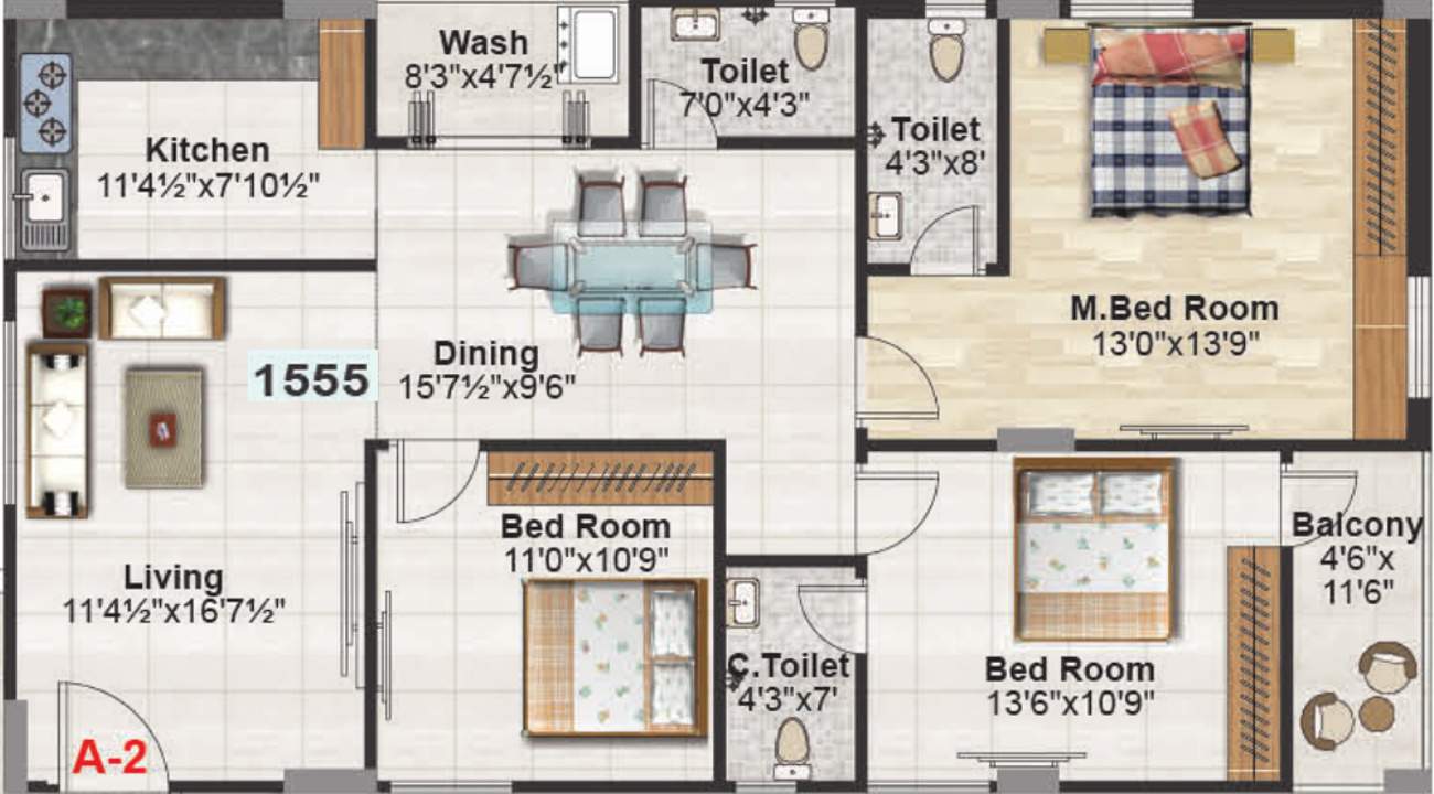 SS TBG Pearl (3BHK+3T (1,555 sq ft) 1555 sq ft)