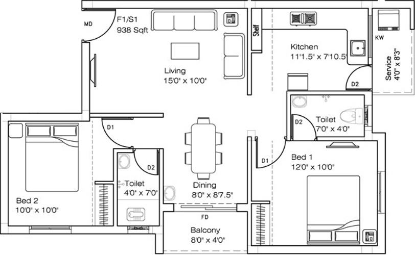 Ruby Crest (2BHK+2T (938 sq ft) 938 sq ft)