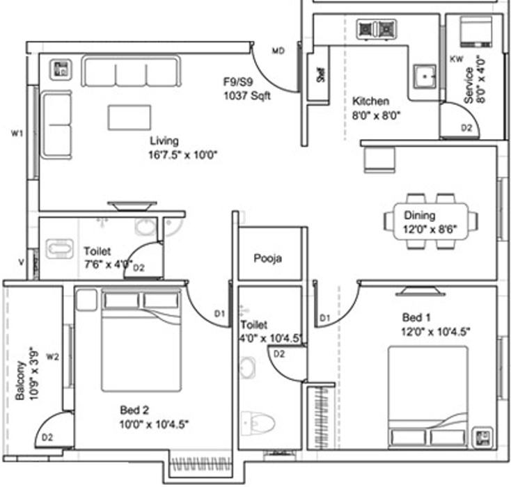 Ruby Crest (2BHK+2T (1,037 sq ft) + Pooja Room 1037 sq ft)
