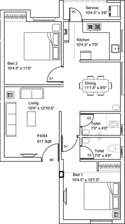 Ruby Crest (2BHK+2T (917 sq ft) 917 sq ft)