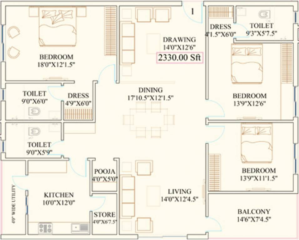 Subishi Gowthami Luxury Residential Flats (3BHK+3T (2,330 sq ft) + Pooja Room 2330 sq ft)