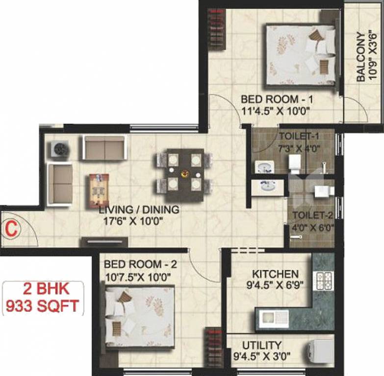 Real Padmasri (2BHK+2T (933 sq ft) 933 sq ft)