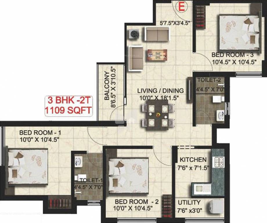 Real Padmasri (3BHK+2T (1,109 sq ft) 1109 sq ft)