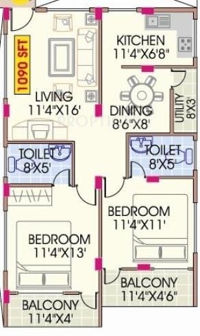 Mahaveer Dazzle (2BHK+2T (1,090 sq ft) 1090 sq ft)