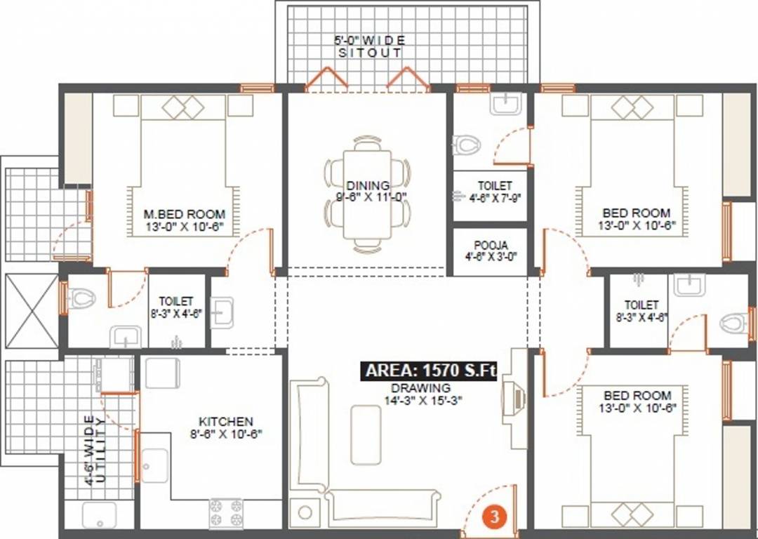 Vishnu Woodstock (3BHK+3T (1,570 sq ft) + Pooja Room 1570 sq ft)