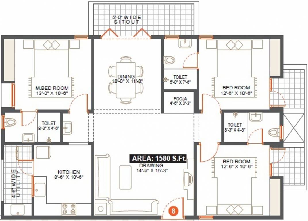 Vishnu Woodstock (3BHK+3T (1,580 sq ft) + Pooja Room 1580 sq ft)