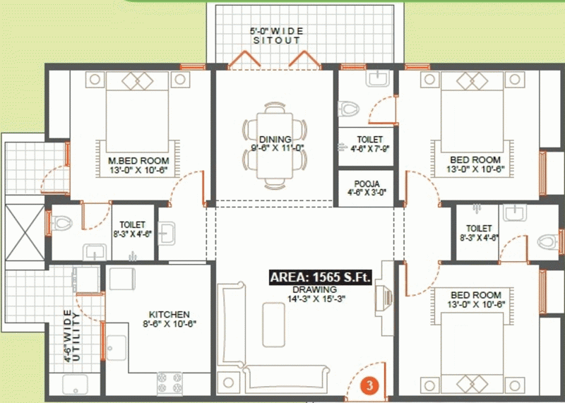 Vishnu Woodstock (3BHK+3T (1,565 sq ft) + Pooja Room 1565 sq ft)
