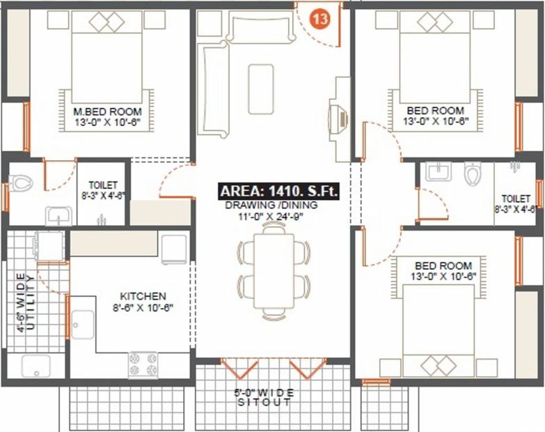 Vishnu Woodstock (3BHK+2T (1,410 sq ft) 1410 sq ft)