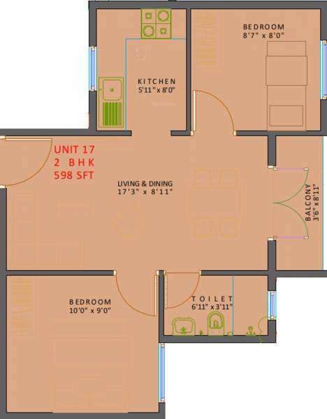 XS Courtyard (2BHK+1T (598 sq ft) 598 sq ft)