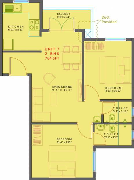 XS Courtyard (2BHK+2T (764 sq ft) 764 sq ft)