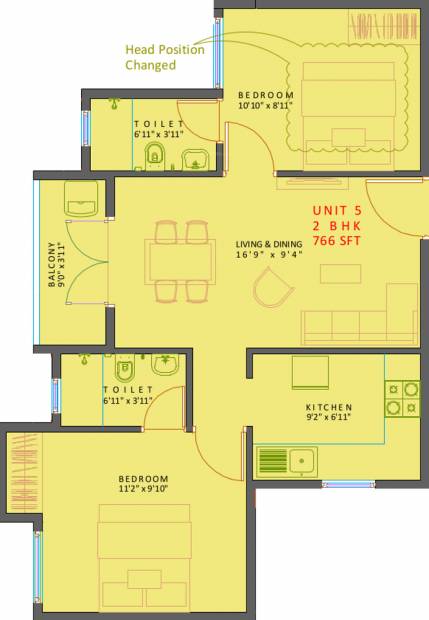 XS Courtyard (2BHK+2T (766 sq ft) 766 sq ft)