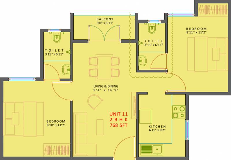 XS Courtyard (2BHK+2T (768 sq ft) 768 sq ft)