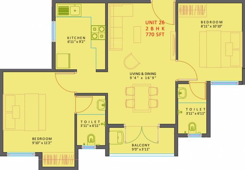 XS Courtyard (2BHK+2T (770 sq ft) 770 sq ft)