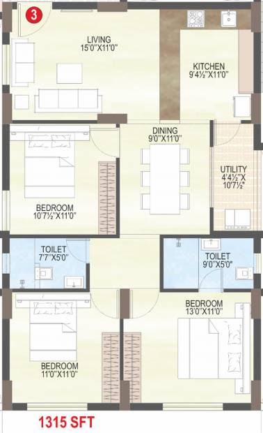 MVV City (3BHK+2T (1,315 sq ft) 1315 sq ft)