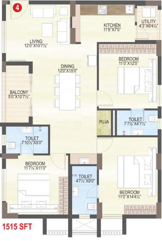 MVV City (3BHK+3T (1,515 sq ft) + Pooja Room 1515 sq ft) MVV City (3BHK+3T (1,515 sq ft) + Pooja Room 1515 sq ft)