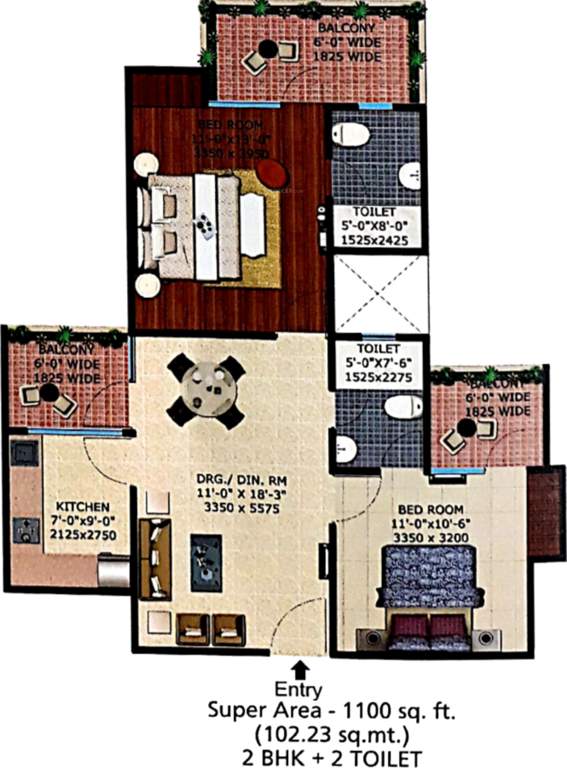 Supertech Eco Village 2 (2BHK+2T (1,100 sq ft) 1100 sq ft)