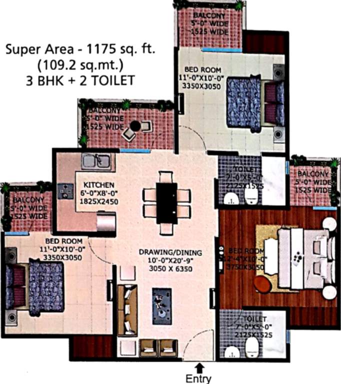 Supertech Eco Village 2 (3BHK+2T (1,175 sq ft) 1175 sq ft)