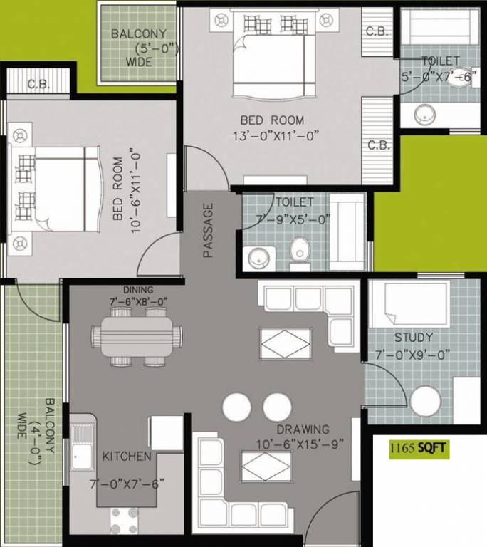 Arihant Arden (2BHK+2T (1,165 sq ft) Study Room 1165 sq ft)