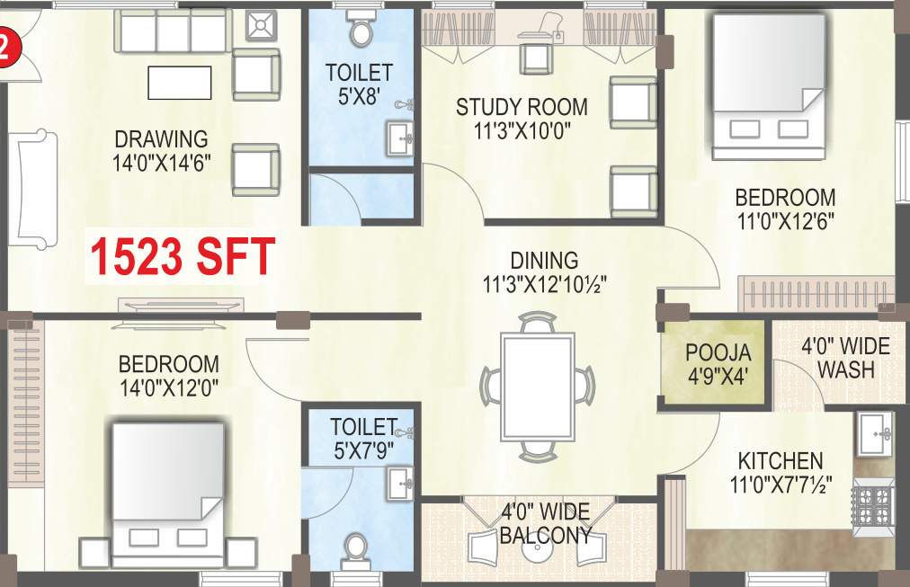 Trishala The Life (2BHK+2T (1,523 sq ft) + Study Room 1523 sq ft)