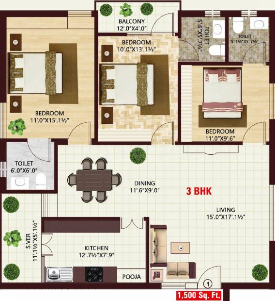 Mourya Pearl (3BHK+3T (1,500 sq ft) + Pooja Room 1500 sq ft)