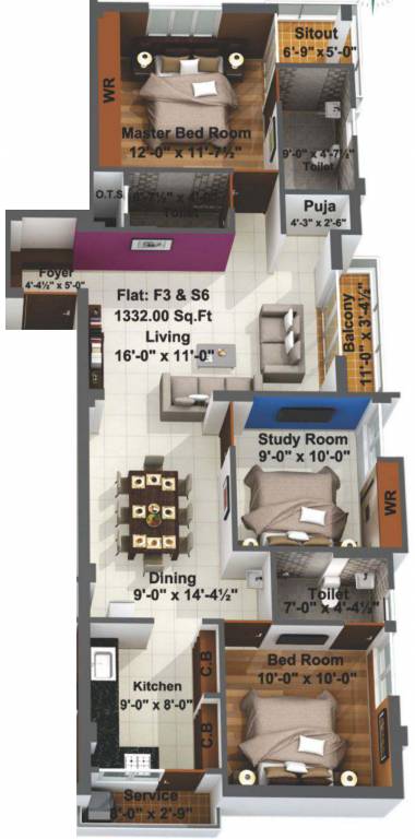 Sai Sai Sansthan (2BHK+3T (1,332 sq ft) + Study Room 1332 sq ft)